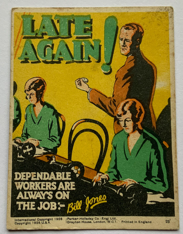 1928 Propaganda card by Parker Halladay USA Late again